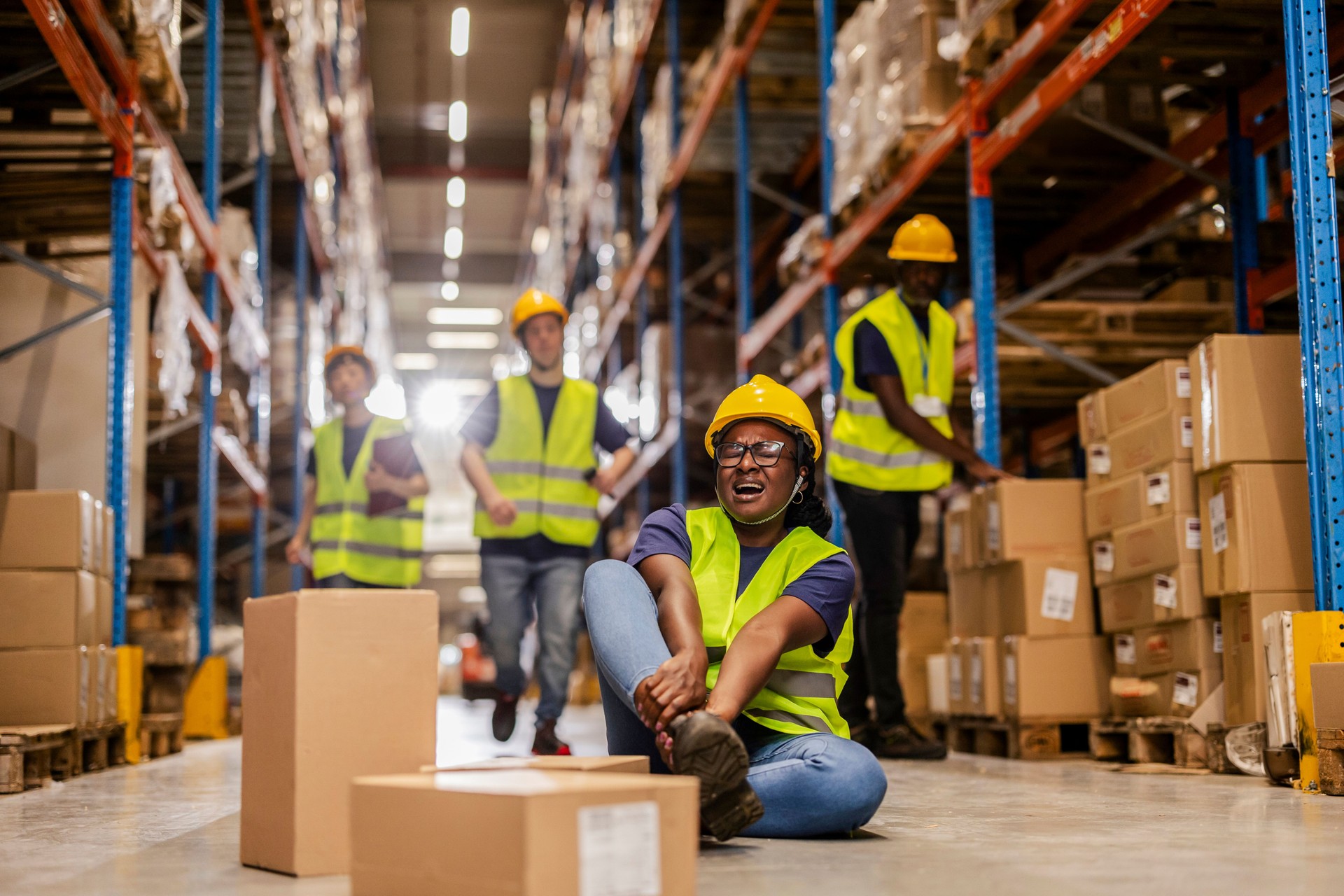A warehouse worker sitting on the floor in pain after an accident with boxes, surrounded by colleagues rushing to help.