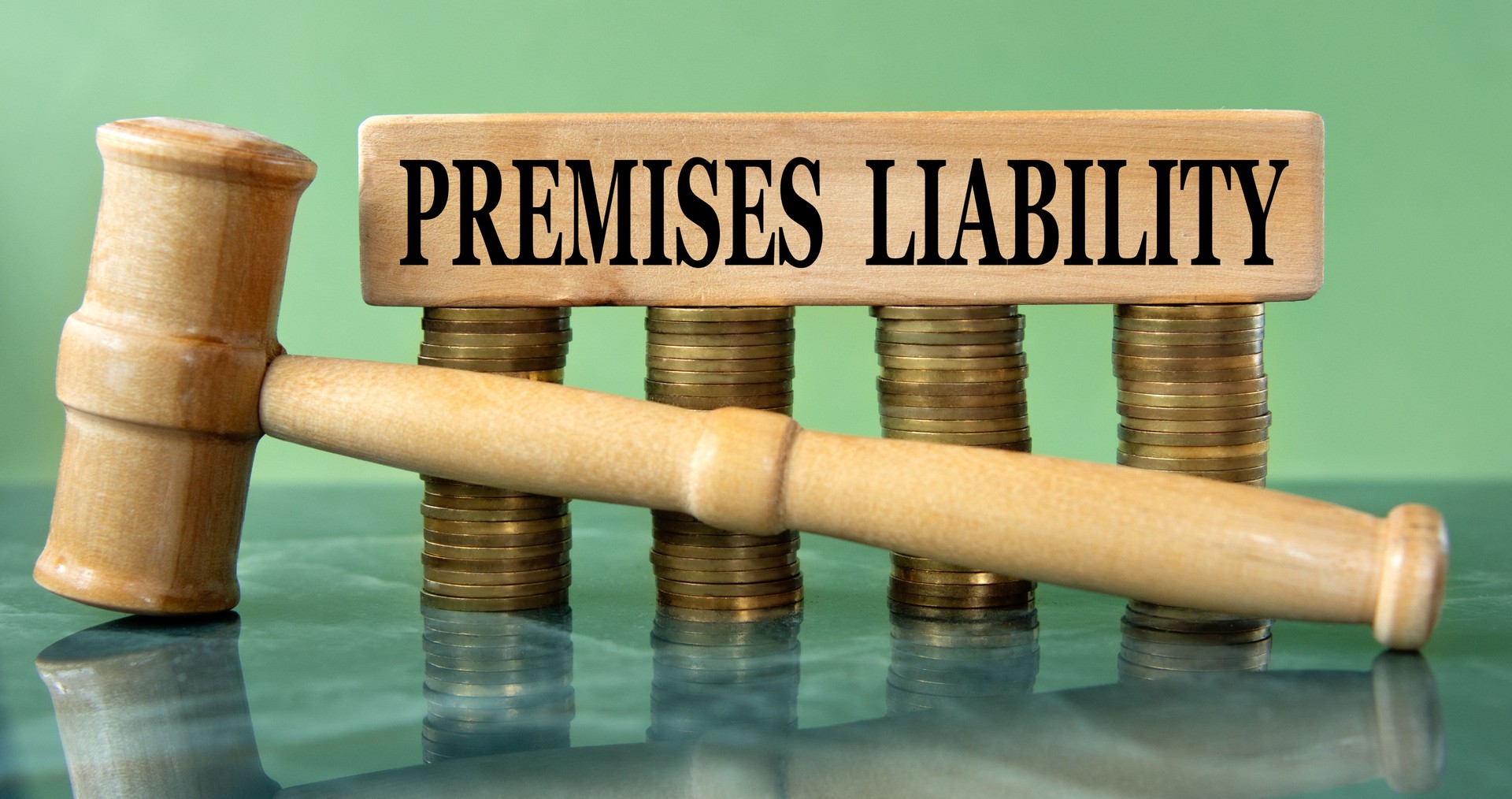 PREMISES LIABILITY - word on a white sheet with a judge's gavel and a stack of coins in the background
